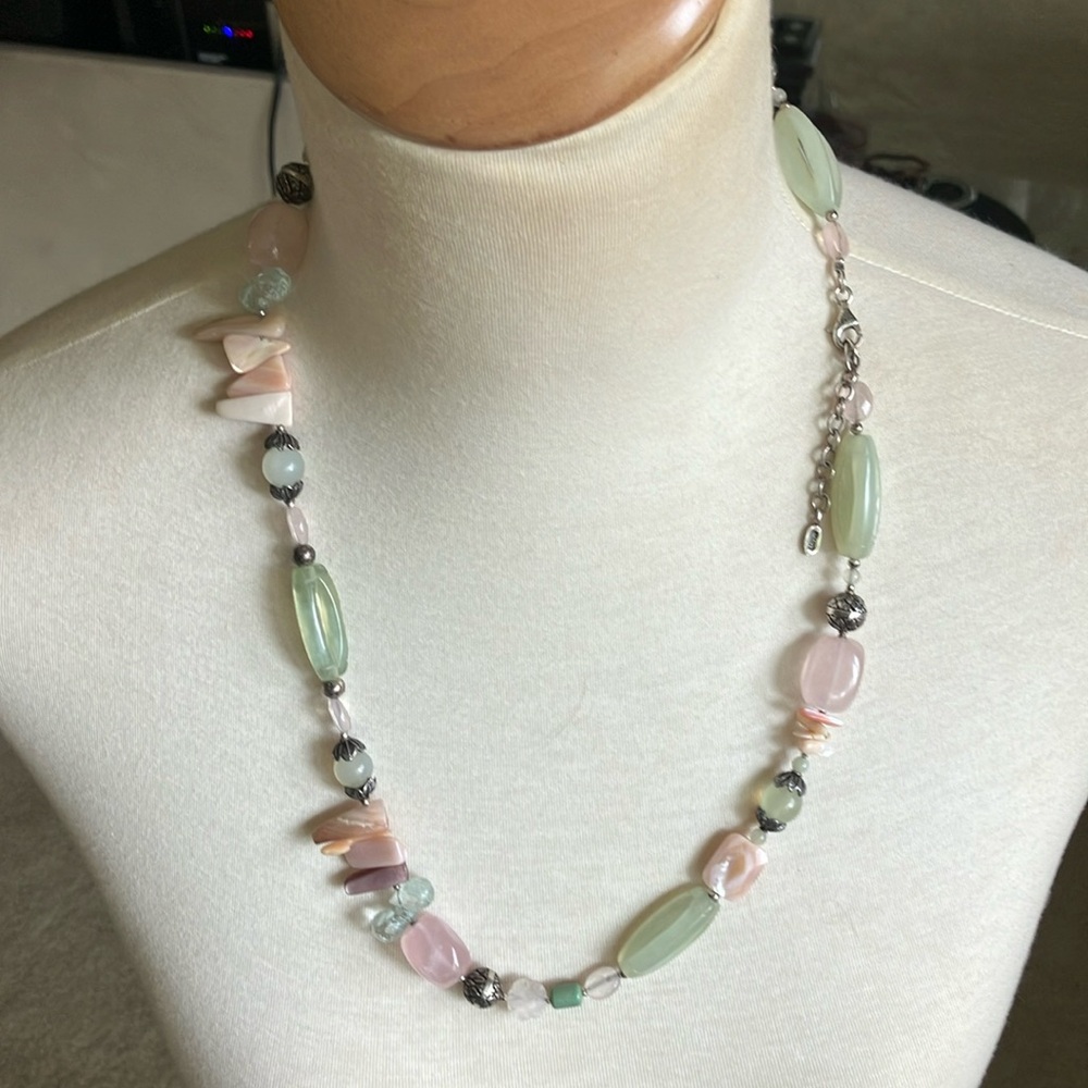 Sterling Silver Barse rose quartz Jade necklace 28”